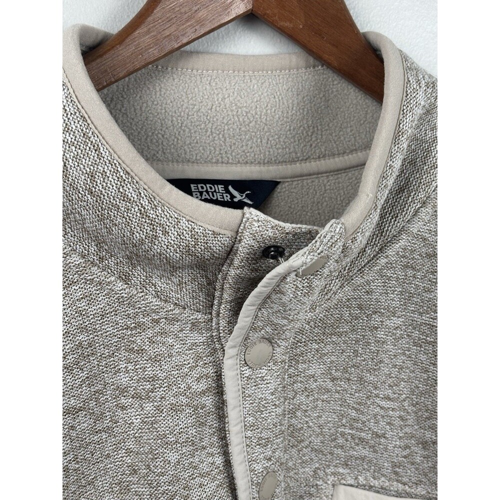 Eddie Bauer Sweater Mens XL Pullover Fleece 1/4 Snap Beige Knit Front Pocket - Picture 2 of 7